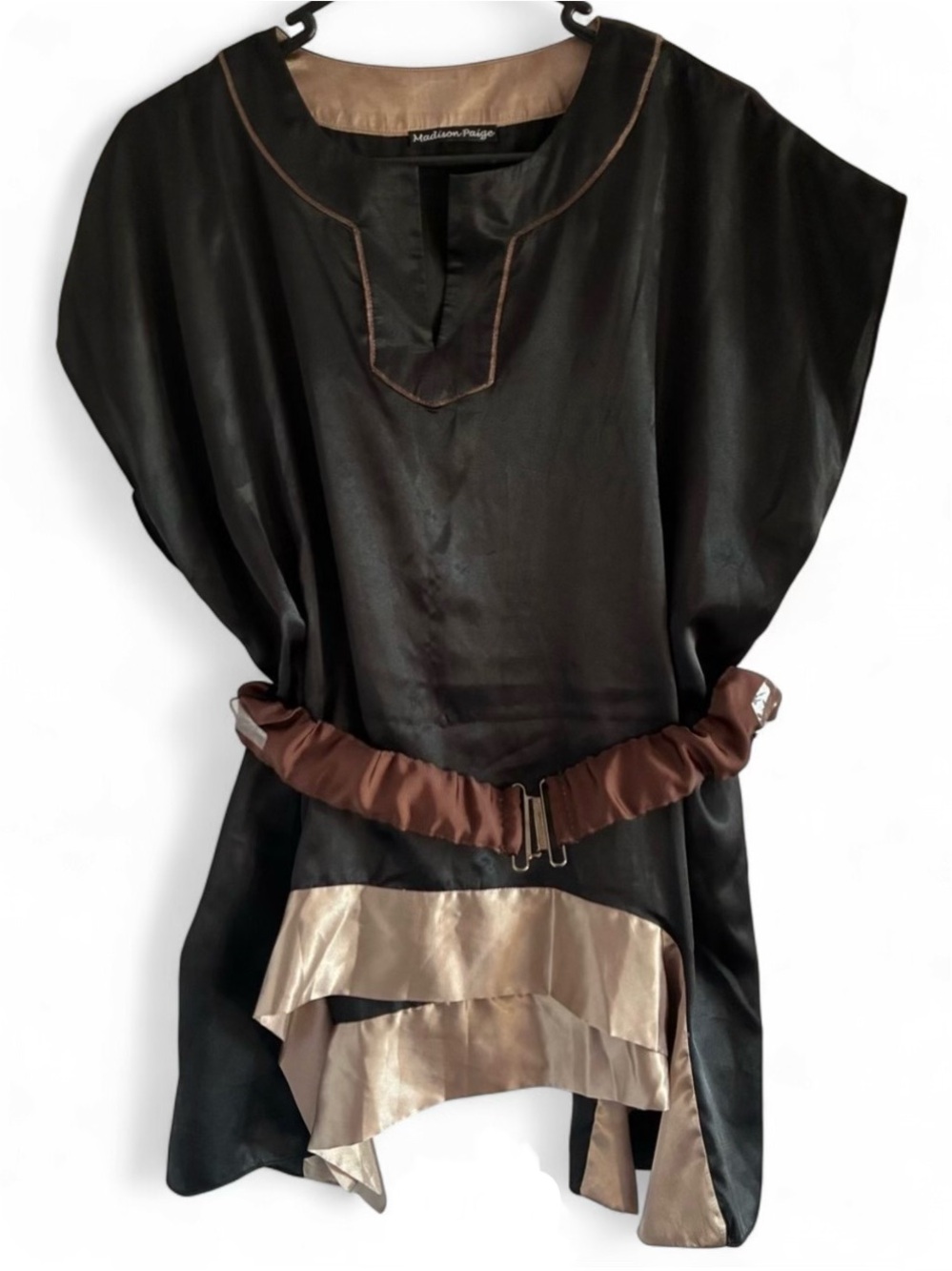 Madison Paige Black Satin Tunic with Champagne Trim